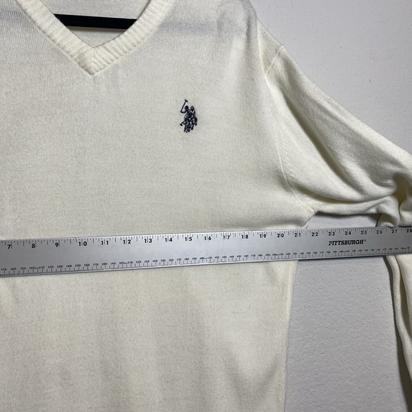 US Polo Assn Mens XL V Neck Long Sleeve Cream Sweater Preppy Ivy Minimalist - Picture 4 of 11